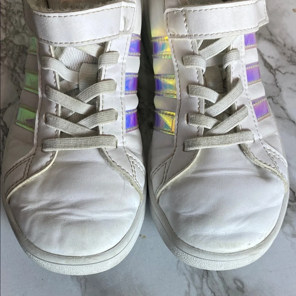 Adidas Originals Superstar Kids White Sneakers with Iridescent Blue Stripes